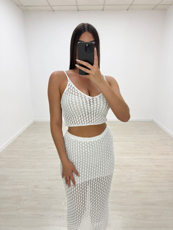 CONJUNTO CROCHET FALDA+TOP BLANCO